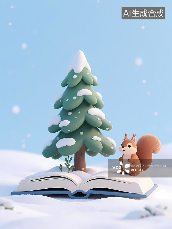 【AI数字艺术】书里长出松树松鼠 3D立体卡通元素图片素材