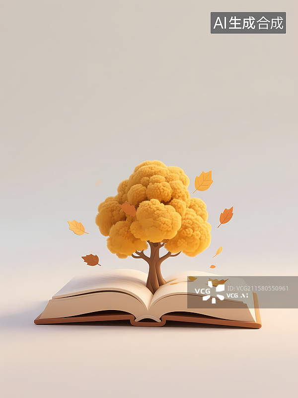 【AI数字艺术】书里长出金黄的大树 3D立体卡通元素图片素材