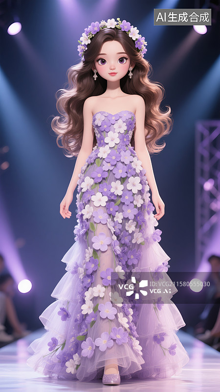 【AI数字艺术】插画风格一个走在T台上的美女插画图片素材