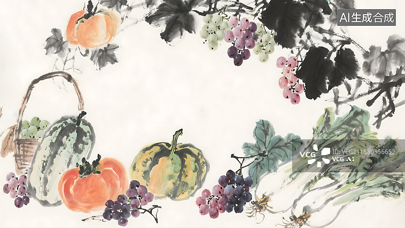 【AI数字艺术】蔬菜瓜果水果丰收水墨画背景图片素材