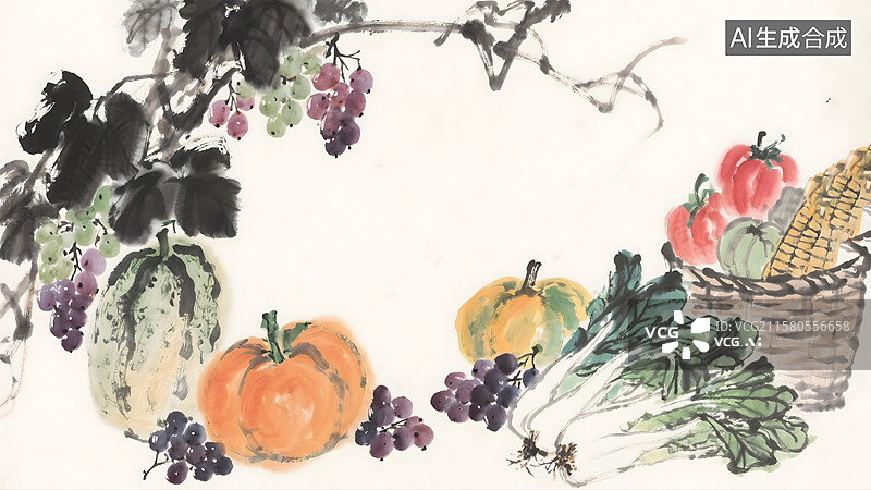 【AI数字艺术】蔬菜瓜果水果丰收水墨画背景图片素材