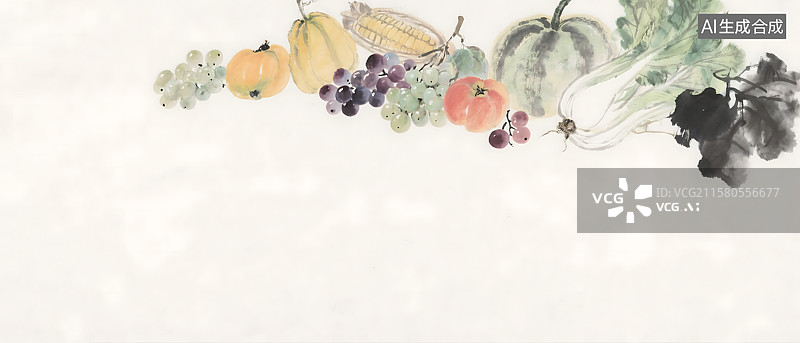 【AI数字艺术】蔬菜瓜果水果丰收水墨画背景图片素材