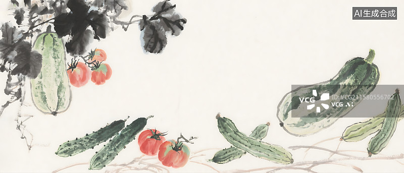 【AI数字艺术】蔬菜瓜果水果丰收水墨画背景图片素材