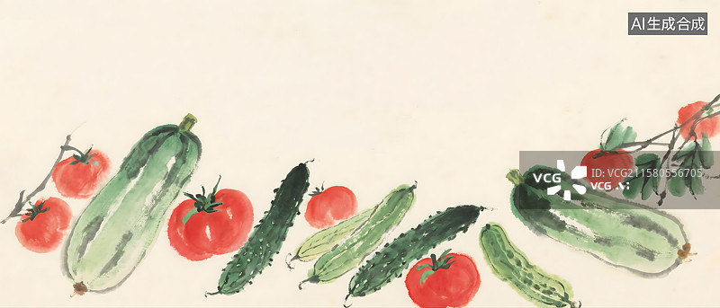 【AI数字艺术】蔬菜瓜果水果丰收水墨画背景图片素材