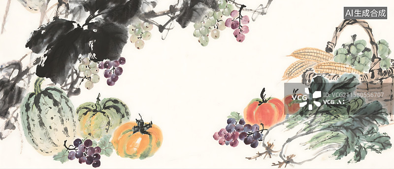【AI数字艺术】蔬菜瓜果水果丰收水墨画背景图片素材