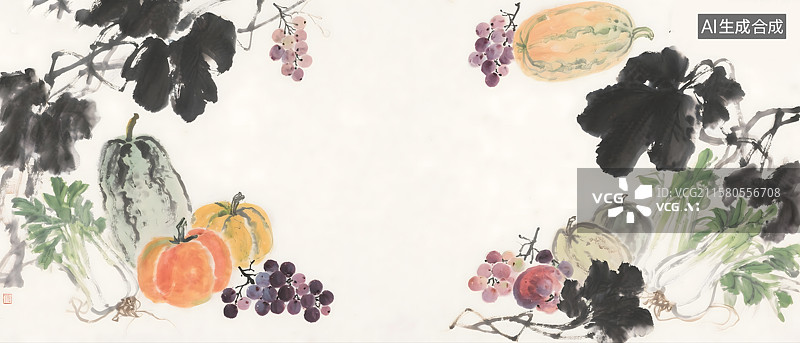 【AI数字艺术】蔬菜瓜果水果丰收水墨画背景图片素材