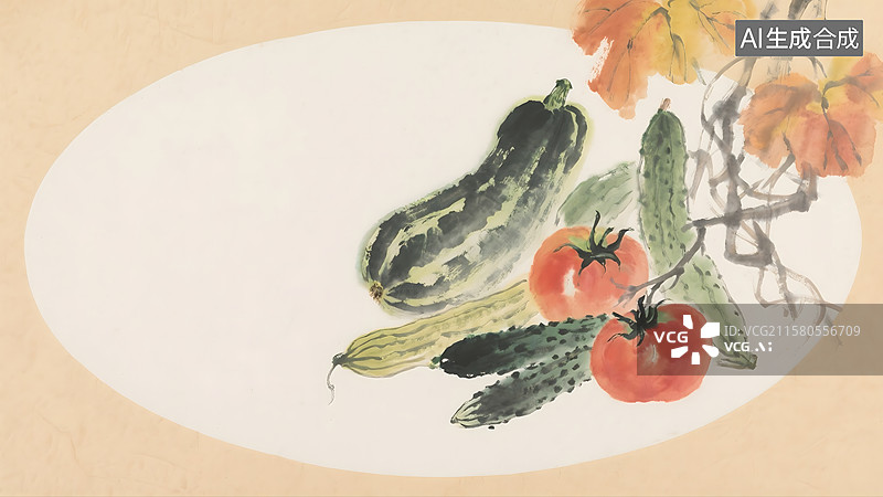【AI数字艺术】蔬菜瓜果水果丰收水墨画背景图片素材