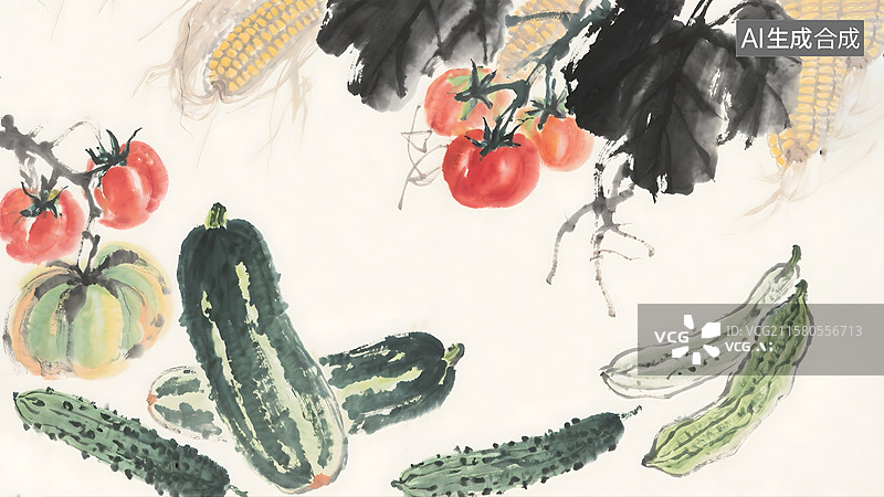 【AI数字艺术】蔬菜瓜果水果丰收水墨画背景图片素材