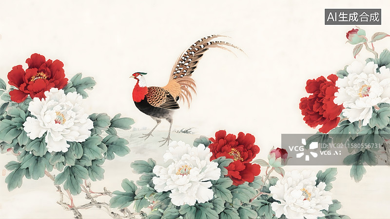 【AI数字艺术】牡丹红腹长尾雉花鸟水墨画背景图片素材