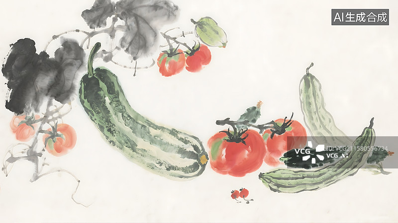 【AI数字艺术】蔬菜瓜果水果丰收水墨画背景图片素材