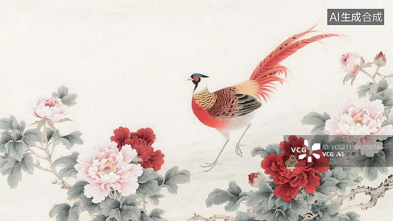 【AI数字艺术】牡丹红腹长尾雉花鸟水墨画背景图片素材