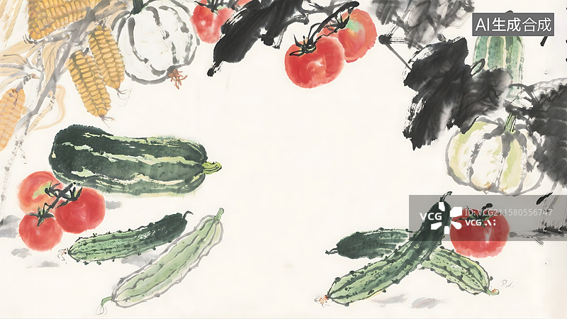 【AI数字艺术】蔬菜瓜果水果丰收水墨画背景图片素材