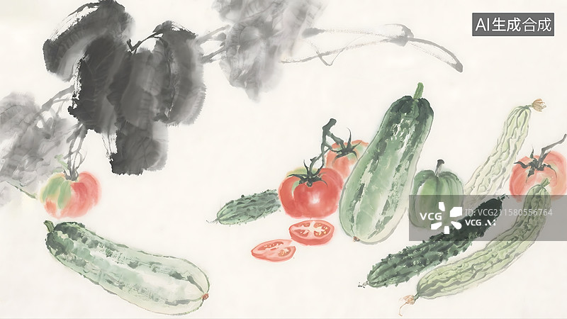 【AI数字艺术】蔬菜瓜果水果丰收水墨画背景图片素材