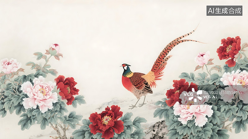 【AI数字艺术】牡丹红腹长尾雉花鸟水墨画背景图片素材