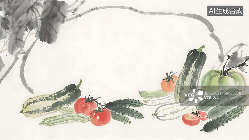 【AI数字艺术】蔬菜瓜果水果丰收水墨画背景图片素材