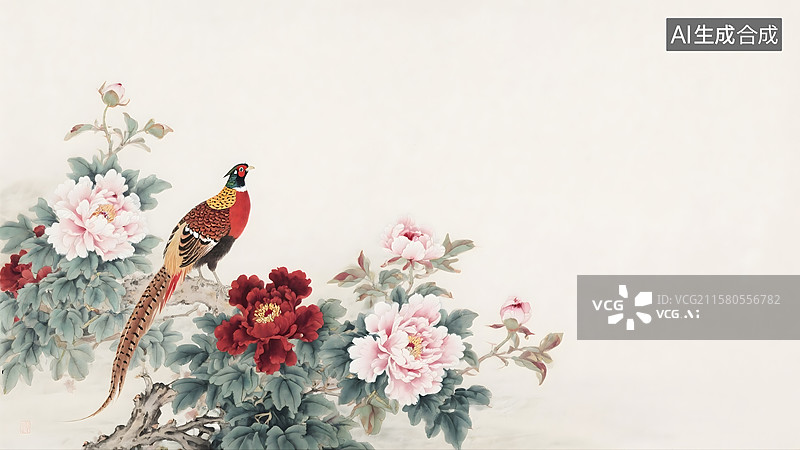 【AI数字艺术】牡丹红腹长尾雉花鸟水墨画背景图片素材