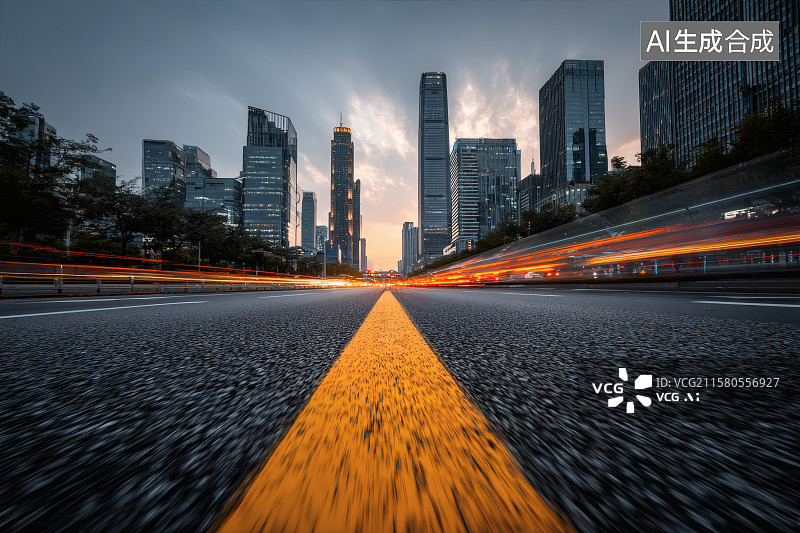 【AI数字艺术】城市快速路上的车轨，道路两旁林立的高楼大厦，市中心建筑图片素材