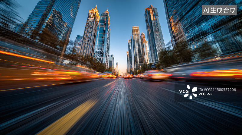 【AI数字艺术】城市中道路，车水马龙，道路两旁的高楼大厦，城市风光海报图片素材