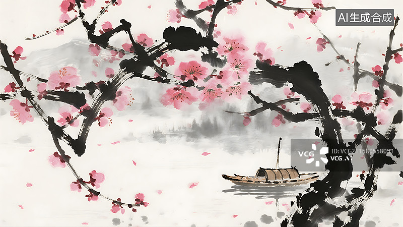 【AI数字艺术】桃花乌篷船山水水墨画背景图片素材