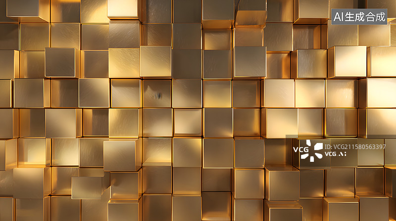 【AI数字艺术】金色立方体拼接的光影艺术墙图片素材