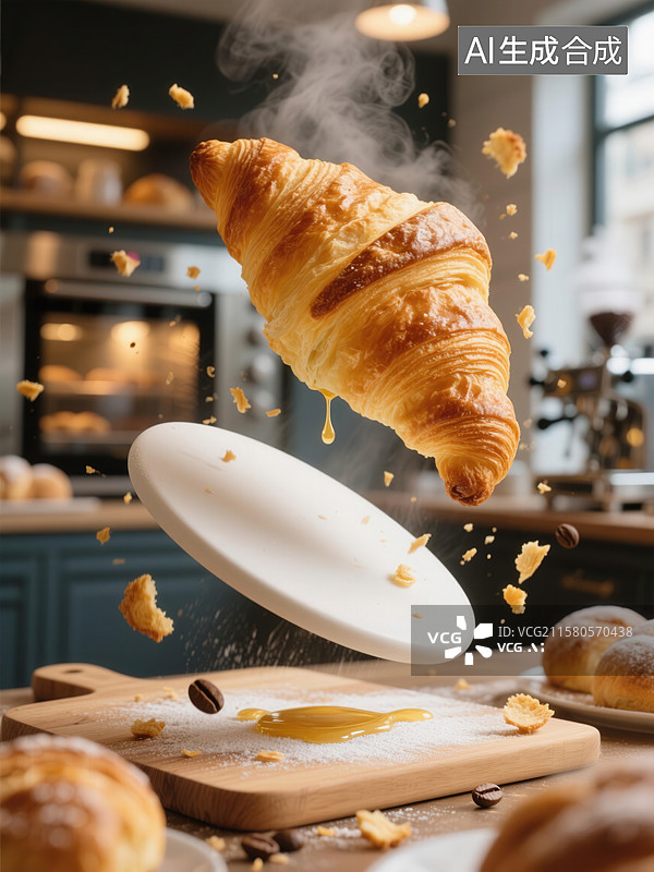 【AI数字艺术】新鲜出炉的羊角面包飞起瞬间图片素材