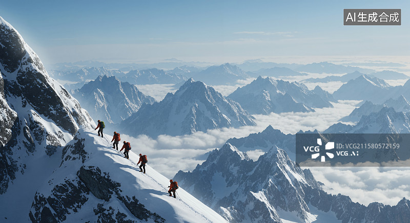 【AI数字艺术】登山者在雪峰上行进图片素材