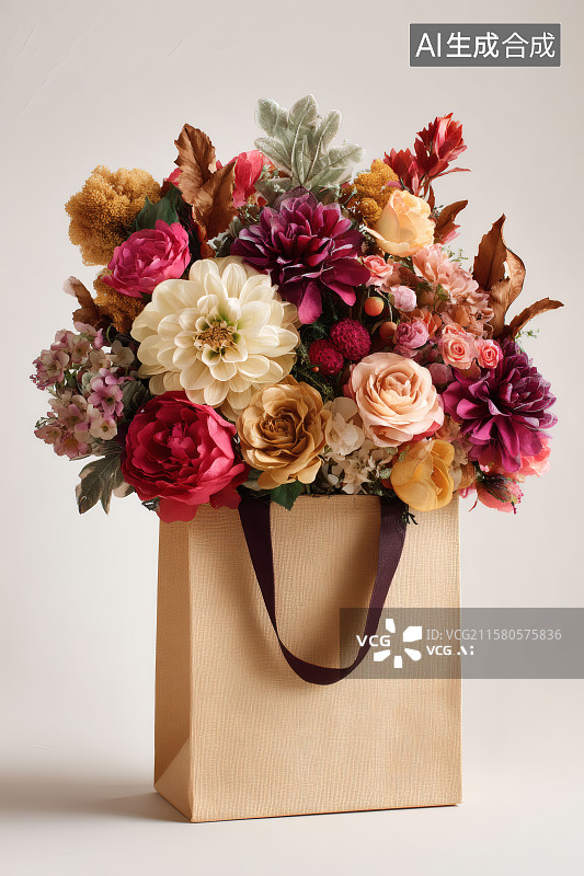 【AI数字艺术】纸袋中的多彩花卉图片素材