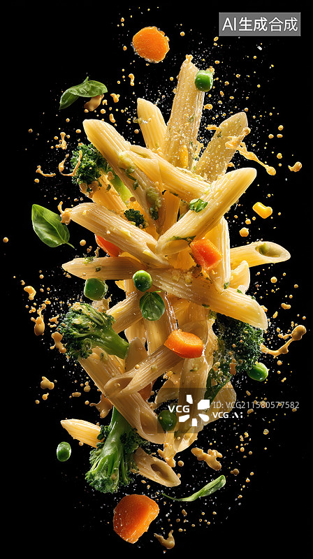 【AI数字艺术】空中飞舞的意面与蔬菜图片素材