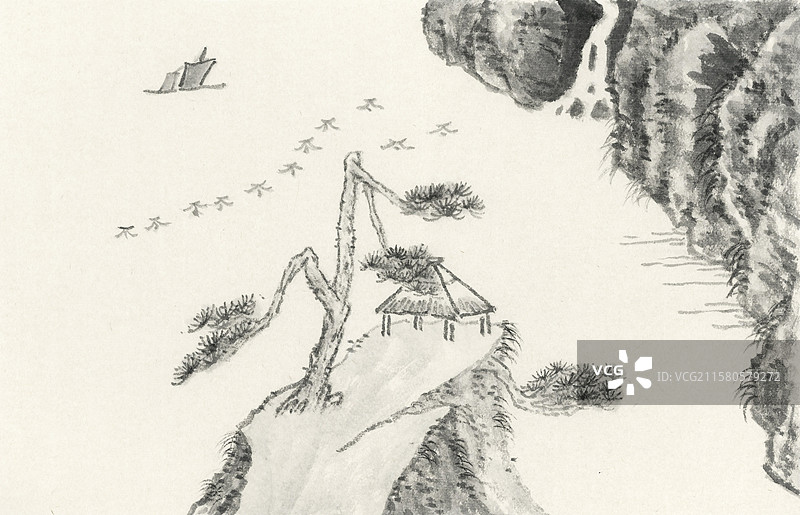 临清代画家山水墨悬崖树下草棚河流风景插画图片素材