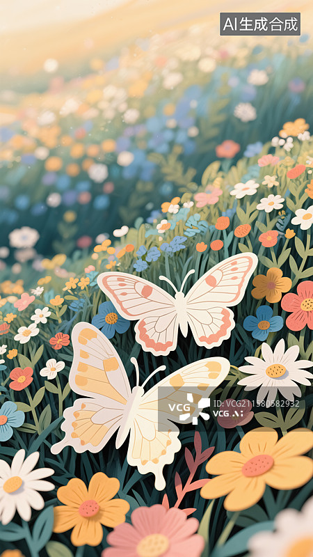 【AI数字艺术】花丛蝴蝶插画图片素材