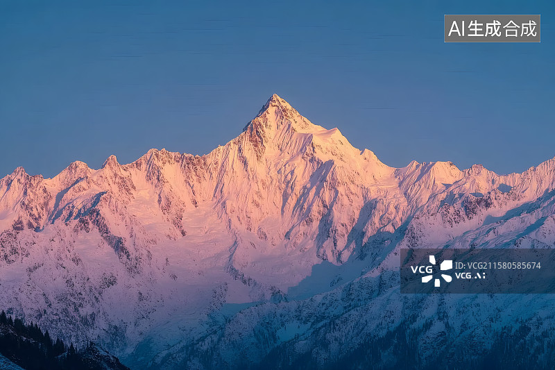【AI数字艺术】蔚蓝的天空，阳光照射在雪山上，日照金山图片素材