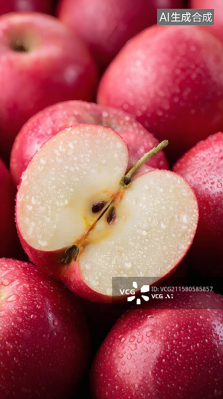 【AI数字艺术】一堆红色苹果中的一个切开的富士苹果图片素材