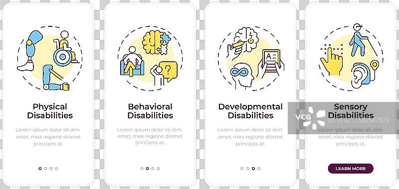 残疾类型的移动应用程序入职屏幕图片素材