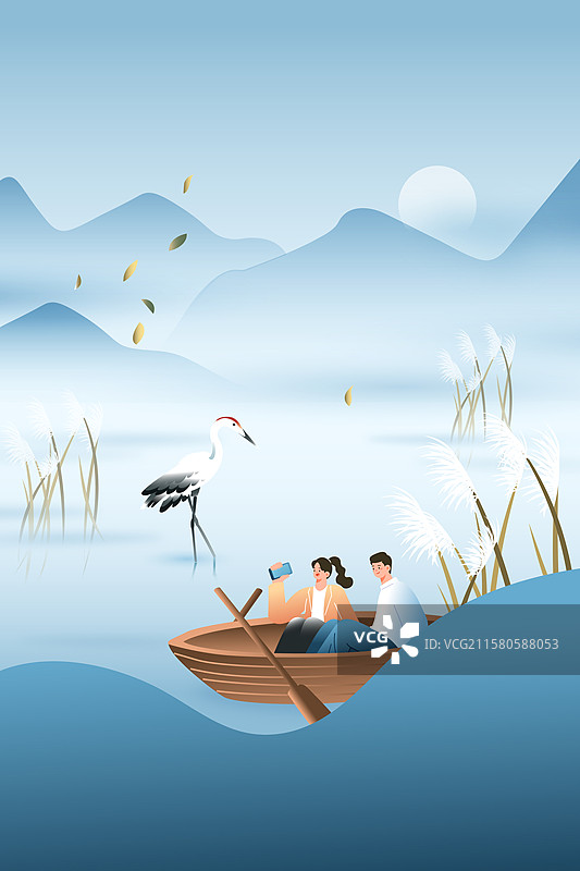 卡通秋季秋天立秋白露节气秋分家人重阳节情侣划船旅游赏秋仙鹤自然风景古建筑渐变中国风国潮渐变矢量插画图片素材