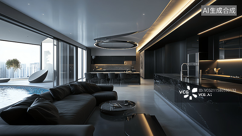 【AI数字艺术】现代轻奢黑金开放式厨房泳池独立式住宅别墅图片素材