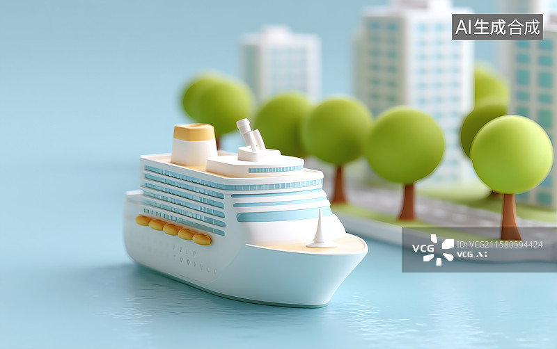 【AI数字艺术】一艘观光船行驶在海滨城市附近图片素材