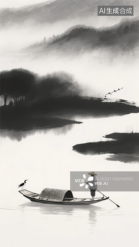 【AI数字艺术】江上渔翁，烟雨朦胧图片素材