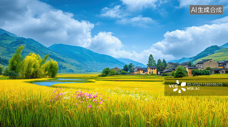 【AI数字艺术】一条小河穿过一片黄色的稻田图片素材