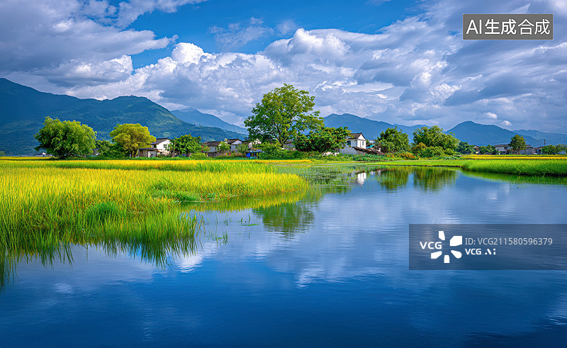 【AI数字艺术】一条小河穿过一片黄色的稻田图片素材