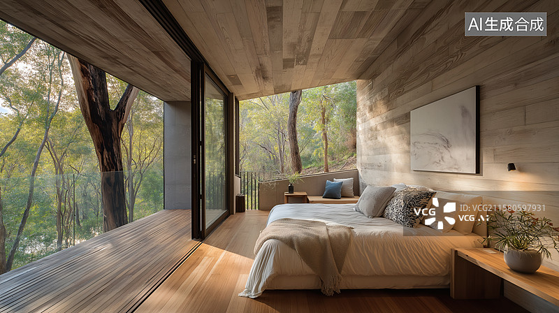 【AI数字艺术】现代简约卧室，拥抱自然图片素材