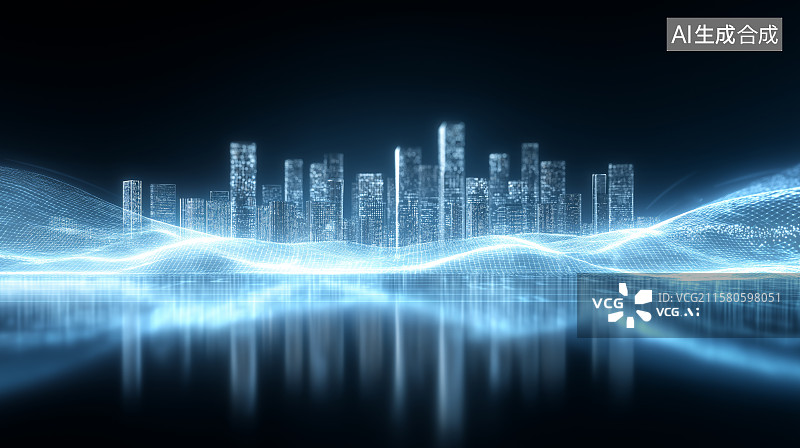 【AI数字艺术】商务科技背景——抽象发光流动波浪与城市天际线图片素材