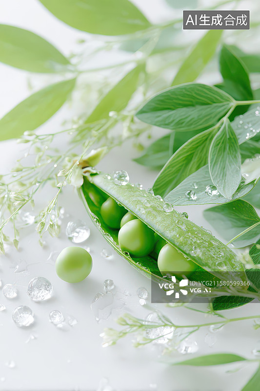 【AI数字艺术】新鲜带露珠豌豆荚植物特写图图片素材