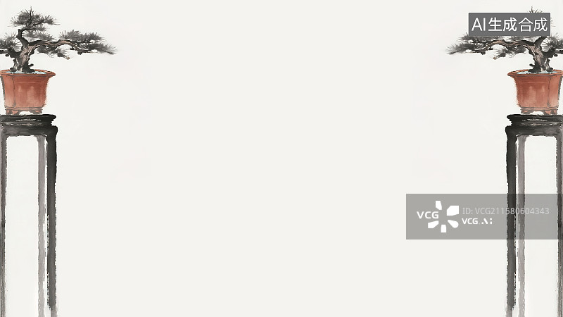 【AI数字艺术】复古中国风水墨画两侧背景，中式小盆景盆栽新国风墨色淡彩写意没骨画宋式风格人造景观文人典雅室内装饰物图片素材