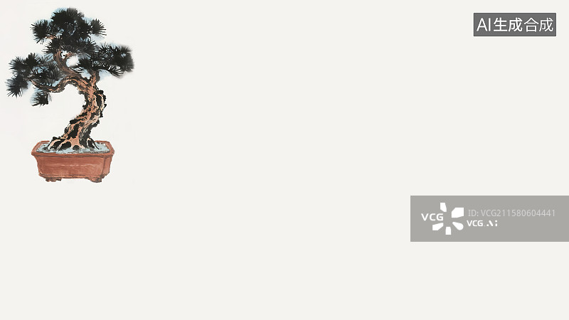 【AI数字艺术】复古中国风水墨画左上背景，中式小盆景盆栽新国风墨色淡彩写意没骨画宋式风格人造景观文人典雅室内装饰物图片素材