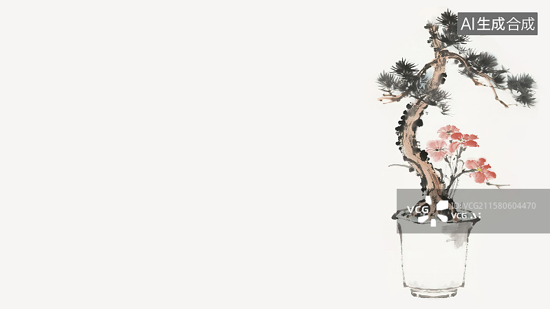 【AI数字艺术】复古中国风水墨画居右背景，中式小盆景盆栽新国风墨色淡彩写意没骨画宋式风格人造景观文人典雅室内装饰物图片素材