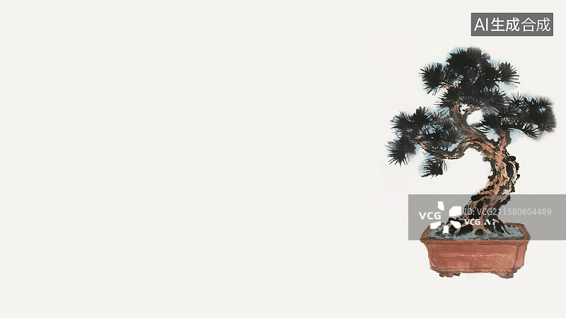 【AI数字艺术】复古中国风水墨画居右背景，中式小盆景盆栽新国风墨色淡彩写意没骨画宋式风格人造景观文人典雅室内装饰物图片素材