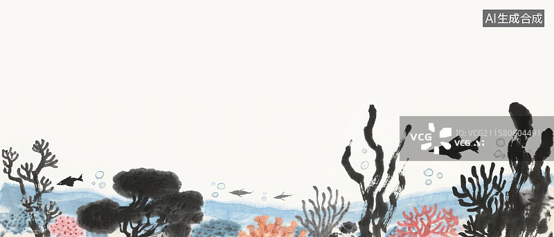 【AI数字艺术】海洋水下海底世界鱼群珊瑚礁石海藻 新国风复古中国风水墨画背景板清新唯美淡雅梦幻手绘插图绘画装饰画花边图片素材