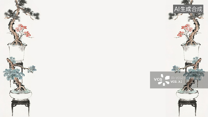 【AI数字艺术】复古中国风水墨画两侧背景，中式小盆景盆栽新国风墨色淡彩写意没骨画宋式风格人造景观文人典雅室内装饰物图片素材