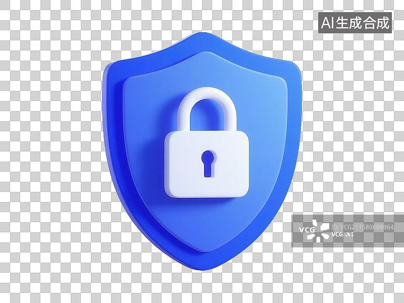 【AI数字艺术】3D渲染免抠图形元素蓝色盾牌和白色锁头图片素材