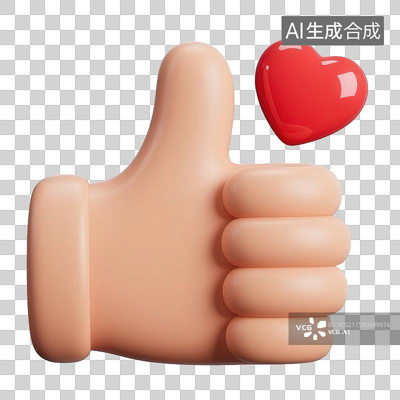 【AI数字艺术】3D渲染免抠图形元素卡通人物手竖起大拇指做点赞的手势和红色爱心图片素材